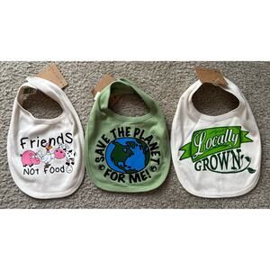 Set Of 3 "Save The Planet For Me", “Friends Not Food“, “Locally Grown” Bibs New
